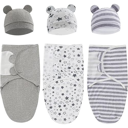 Exemaba 3-Pack Unisex Baby Swaddles for Newborns with Hat(Grey/Star/Stripe)
