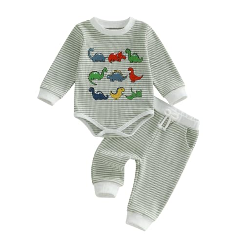 Baby Boy Fall Clothes Striped Dinosaur Long Sleeve Romper and Pants Set | Waffle Knit Clothing Set,3 6 9 12 18 Months,Baby Boys Winter Outfits,Newborn,Infant,Coming Home Outfit