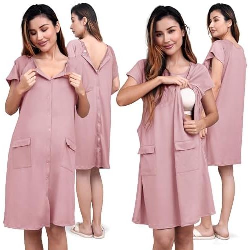 SUNNYBUY 2 PCS Maternity Set Labor Delivery Gown Matching Nursing Dress, Hospital Birth&Breastfeeding Outfits for Postpartum
