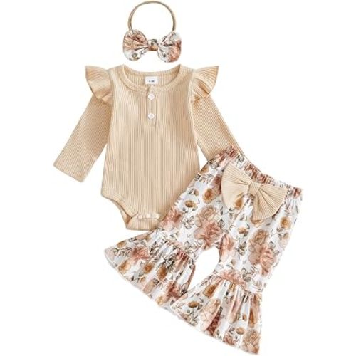 Baby Girl Clothes Fall Winter Cow Print Romper Flare Pants Set