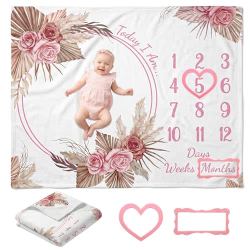 Warmther Baby Monthly Milestone Blanket, 40"x50" Flannel Monthly Milestone Photo Backdrop, Washable & Dryable, Floral Boho