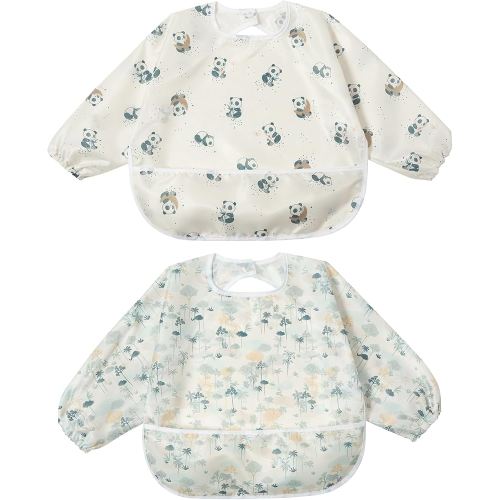 Little Dimsum® Bavoirs anti-déversement pour bébé | Bavoirs à manches longues imperméables pour nourrisson et tout-petit | Pour attraper la nourriture et essuyage facile | Lot de 2 couleurs