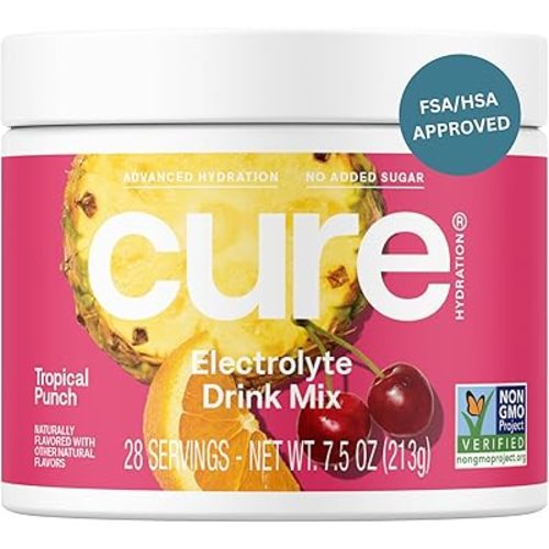 Cure Hydration | Plant-Based Electrolyte Drink Mix | No Added Sugar | Dehydration Relief Powder Made with Coconut Water | Non-GMO | Vegan | 28 Servings Jar - Tropical Punch