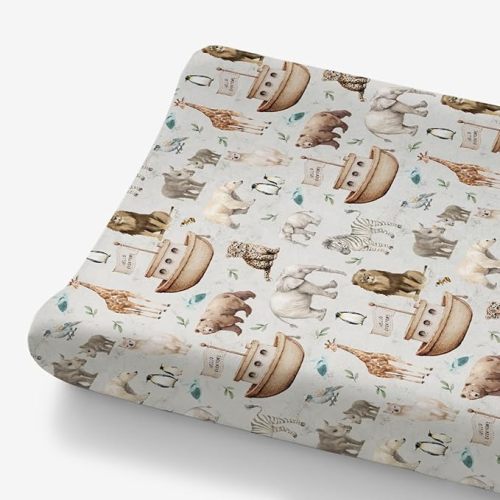 HawSkgFub Noah’s Ark Animal Boat Changing Pad Cover for Baby Boy, Natural Elephant Bear Giraffe Rhino Ship Diaper Change Table Covers, Soft Safe Snug Fitted Changing Mat Sheets Fit 32"/34" x 16"