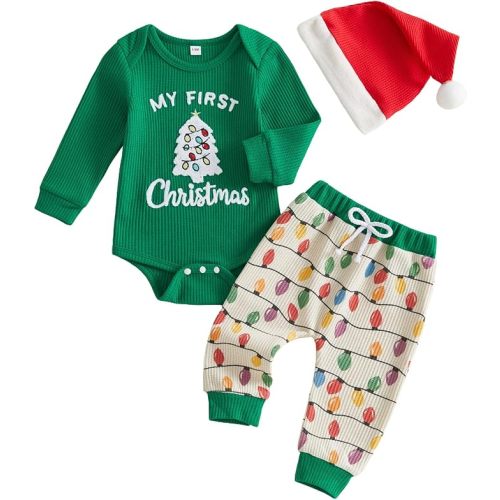 My First Christmas Baby Boy Outfit Romper Pants Hat Set 0-12M