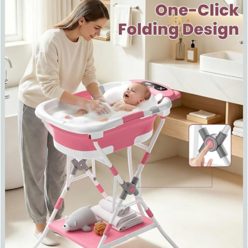 Amazon.com: BALLA BALEIN Baby Bathtub with Stand Collapsible Tub with Cushion Standing | Foldable Metal Standing Baby Bath Tub, 3-in-1 Collapsible Tub with Cushion Storage Pad for Newborn Toddler, Rose