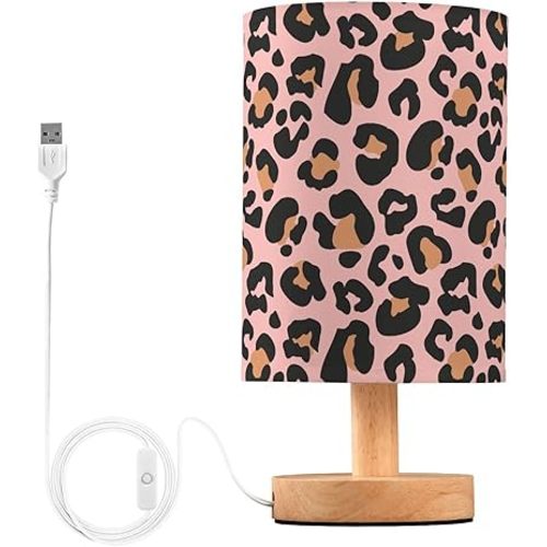 Bedside Table Lamp Pink Leopard Nightstand Lamp with Wood Animal Cheetah Print Desk Lamps for Bedroom Living Room Nursery Office Home Decor