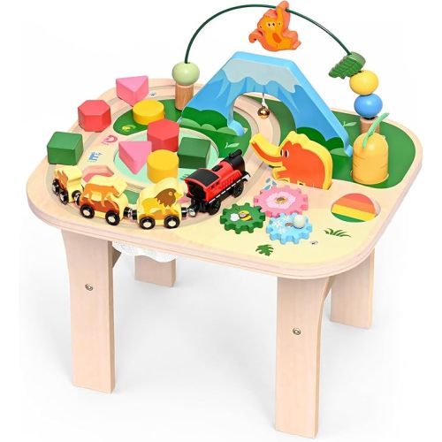 WINGYZ Activity Table for 1 Year Old Toddler, 9-in-1 Multi-Colorful Wooden Montessori Toys, Baby Play Table with Bead Maze Shape Sorter Train Toy, Educational Gifts for 12 Months+ Kids Boys Girls