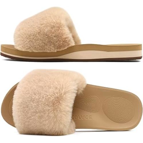 COFACE Fuzzy Womens Slippers with Arch Support Open Toe Orthopedic Fur Slipper Indoor Outdoor
