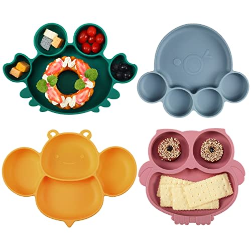 Maxdot 4 Pcs Silicone Baby Plates Toddler Suction Plates Divided Baby Dishes Cute Animal Kids Plates for Toddlers Baby Feeding Eating Supplies, Microwave and Dishwasher Safe (Multi Colors,Cute)