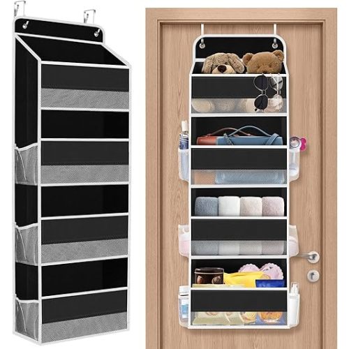 1 Pack Over The Door Organizer, Hanging Storage Organizer with Clear Window, 40lb Ultra Sturdy Large Capacity Room Organizer for Pantry Laundry Bathroom Nursery Closet (Black)