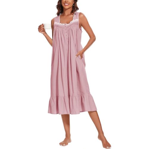 AVIIER 100% Cotton Nightgowns for Women Sleeveless Sleep Dress Ladies Gowns Sleepwear with Pockets