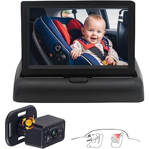 Baby Car Camera for Backseat-HD 720P 4.3 inch Monitor with Night Vision, 360° Rotation, 150° Wide View Angle. Protects Your Baby’s Eyes.Rear-Facing Backseat Camera for Kids, Infants, and Newborns KB45