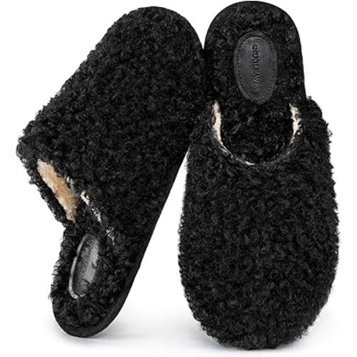 Snug Leaves Women's Scuff Slippers Furry Cute Curly Faux Wool Slip-on Indoor Memory Foam House Shoes