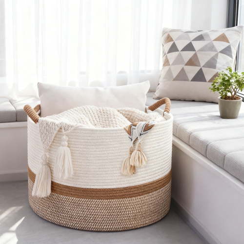 TANGKA, Blanket Basket, 21"x13", Large Cotton Rope Storage Bin