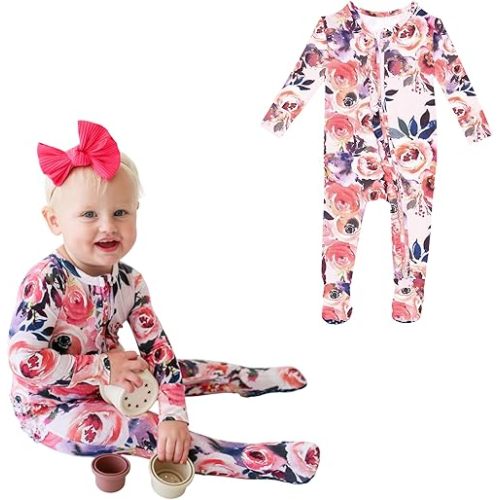 Posh Peanut Footie Pajamas for Baby Girls – Sleepers in Viscose from Bamboo with 2-Way Zipper & Ruffle Trim