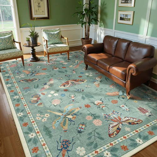 Moynesa Insect 6'x9' Area Rugs Washable Rug for Living Room Soft Natural Bedroom Rug Large Bug Accent Carpet for Dining Room Sunroom Playroom Stain Resistant Non Slip, Light Green