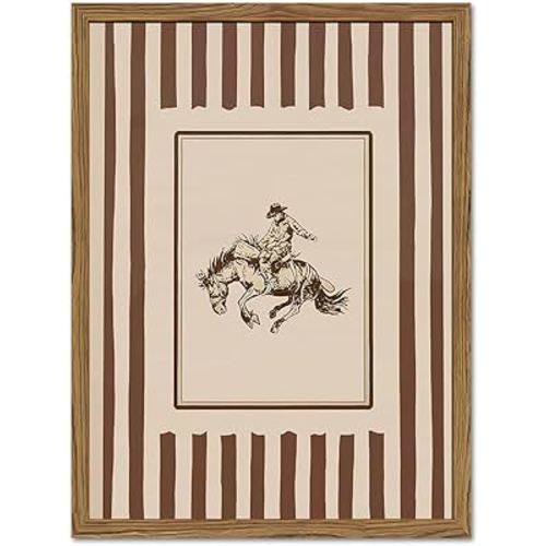 Vintage Western Cowboy Wall Art, Beige Striped Cowboy Rodeo Wall Decor Paintings Southwestern Country Horse Poster Canvas Prints for Bedroom Farmhouse Living Room 12x16 inch Framed
