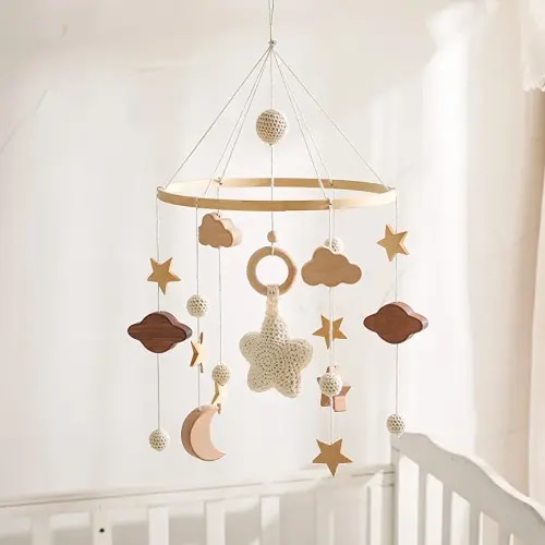 Baby Crib Mobile for Boys Girls| Boho Nursery Mobile| Gender Neutral Hand-Crocheted Mobile| Ceiling Mobile - Stars, Clouds, Moon