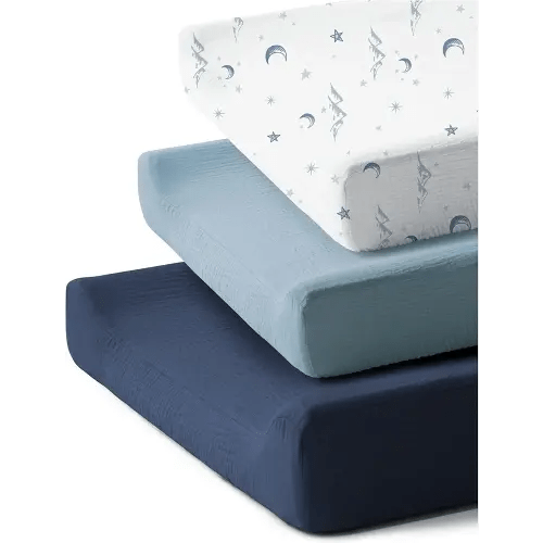 3 Pack Muslin Cotton Changing Pad Covers for Girl, Boy, 100% Soft Changing Table Cover, Breathable Baby Nursery Diaper Chang Pad Sheets (Nightfall Blue)