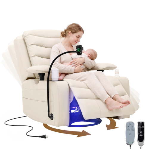 Holaki Power Swivel Glider Recliner Chair for Nursery, Electric Automatic Rocking Nursing Chair with 270° Swivel, Heated Lumbar Support, Massage, Wireless Charging, Smart Cup Holder, Beige