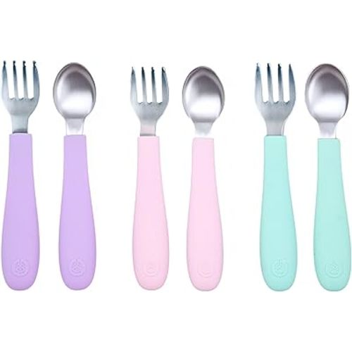 WeeSprout Toddler Utensils, 3 Forks & 3 Spoons, 18/8 Stainless Steel & Food Grade Silicone, Thick Easy-Grip Handles, Perfect Length For New Self Feeders, Gentle On Gums & Teeth, Dishwasher Safe