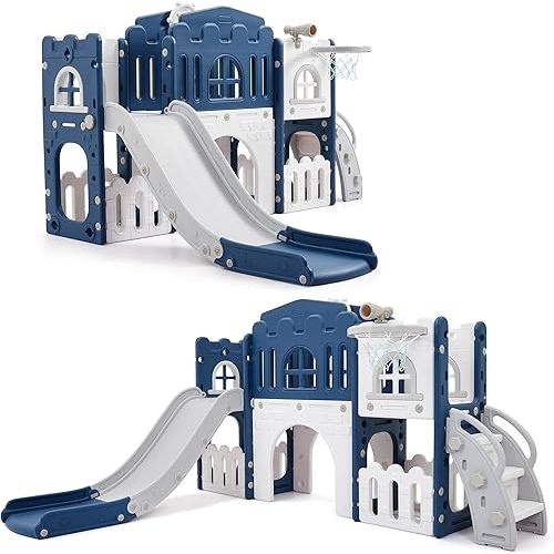 GarveeHome 8 in 1 Toddler Slide, Toddler Outdoor Playset with Slide, Climber, Tunnel, Basketball Hoop, Toy Storage and Telescope for Toddlers Age 1-3, Blue