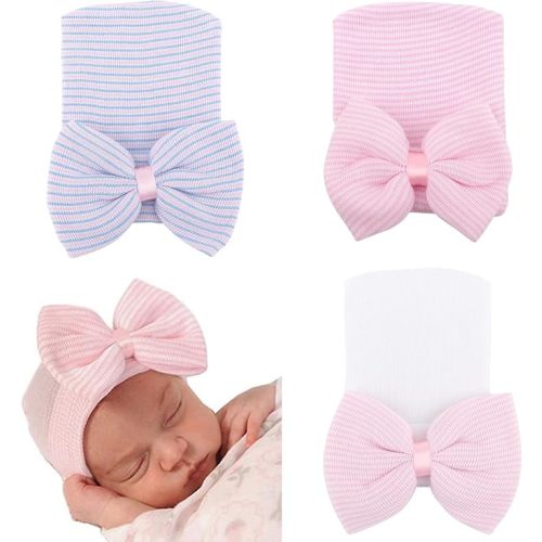 AQOKKA Cotton Newborn Baby Girl Hats with Bow 0-3 Months