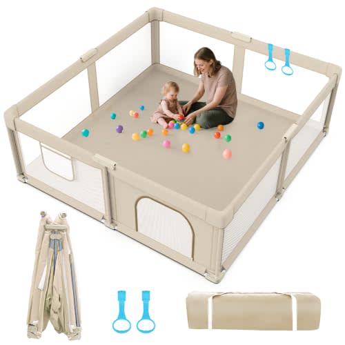 Foldable Baby Playpen 79"x71", Super Large Playpen for Babies and Toddlers | Portable Playpen, Breathable Mesh, No Assembly, 2 Pulling Handles, With Carry Bag