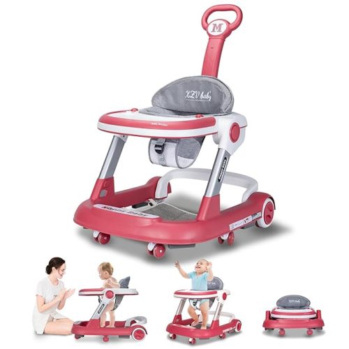 Baby Walker with Wheels 5 in 1 Foldable Activity Center with Mute Wheels Adjustable Heights Anti-Fall Push Walkers for Boys Girls Safe Infant Toddler Walker with Footrest for 6-24 Months