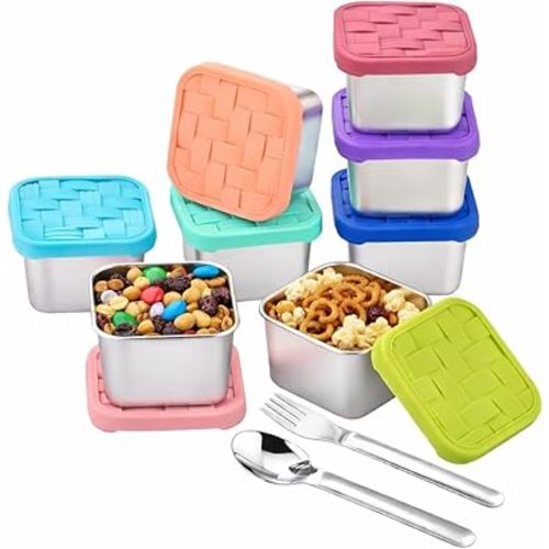 8PC 6oz Stainless Steel Snack Containers with lids, BPA-Free Metal Kids Snack Cups with Fork and Spoon, Leakproof Lunch Box Containers，Resuable Baby Food Storage Bowl