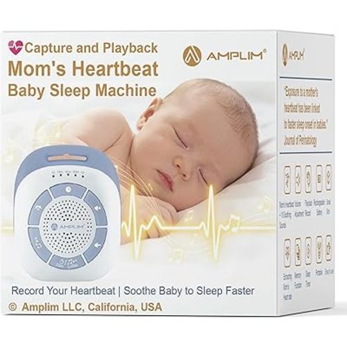 Mom’s Real Heartbeat Sound Device, Womb Sound Recorder White Noise for Newborn, Soothing Baby Sleep Machine, Rechargeable, Timer & Volume Control, Portable Infant Aid for Faster, Deeper Sleep