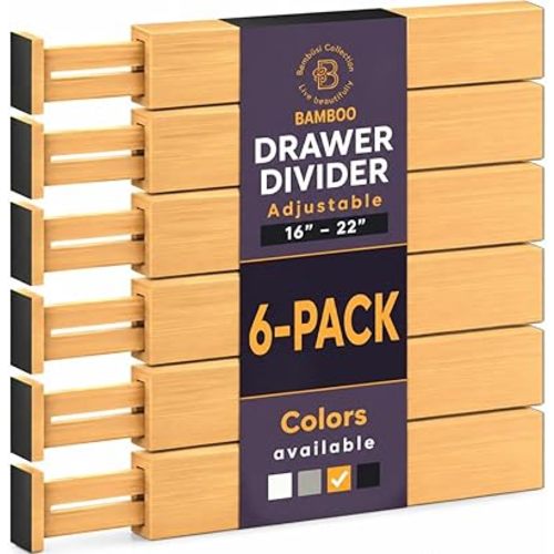 6-Pack Drawer Dividers - 2.6 Inches High, Adjustable 16 to 22 Inches Bamboo Drawer Organizer, Large Expandable Separator for Clothes, Dresser, Bedroom, Bathroom, Baby, Office, Kitchen Utensil Storage
