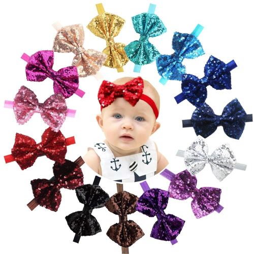 CÉLLOT 15pcs Baby Girl Headbands Sparkly Glitter Sequins 4" Big Hair Bows Ribbon Soft Stretchy Hair Bands for Infant Newborn and Toddlers