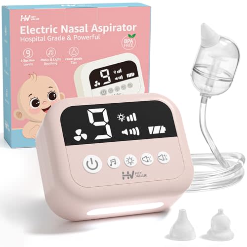 HEYVALUE Nasal Aspirator for Baby, Hospital Grade 9 Levels Suction, Pink | Baby Nose Sucker With 3 Food-Grade Silicone Tips, Ambient Light & Night Light, 6 Soothing Nursery Rhymes & White Noise