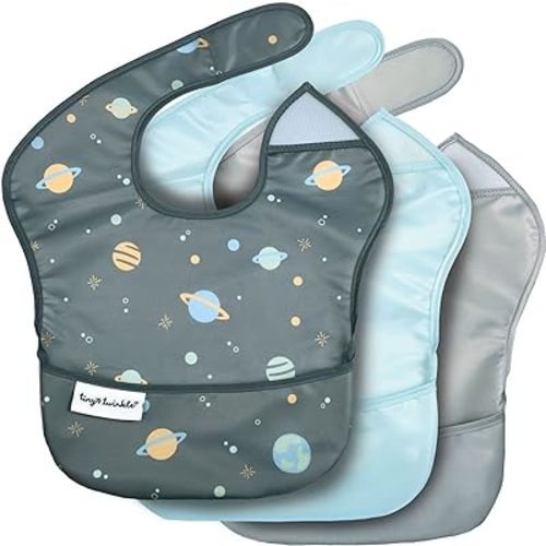 Tiny Twinkle Mess-Proof Baby Bib - Waterproof Bib for Baby Boy or Girl - Machine Washable - Adjustable Closure - PVC, BPA, & Phthalate Free - Great for Travel - Baby Food Bibs (3 Pack, Space)