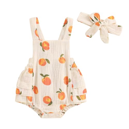 Baby Girl Summer Outfit Peaches print Sleeveless Ruffle Butt Romper with Bow Headband Newborn Infant Jumpsuit