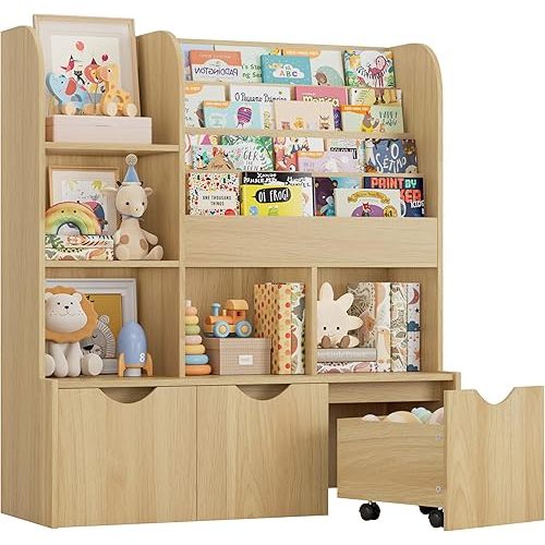 FOTOSOK 47'' Kids Bookshelf with Toy Storage, Multifunctional Bookcase with 5 Storage Cubbies and 3 Movable Drawers, Toy Storager Display Stand, Toy Organizer and Storage for Playroom,Bedroom, Natural