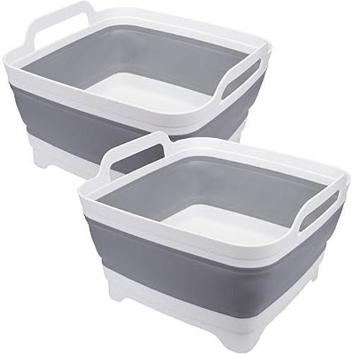 Suwimut 2 Pack Collapsible Wash Basin with Drain Plug Carry Handles, 9L Large Collapsible Sink Tub Portable Dish Tub Foldable Dishpan for Kitchen Sink, Camping Dish Washing Tub, Gray