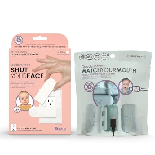 Watch Your Mouth USB Charger Protector 6-pack+Award-Winning Child Proof Outlet Covers 1-pack |BPA & Phthalate-Free Charger Protector & Self Closing Outlet Cover | Electrical Safety Baby Products - Dec