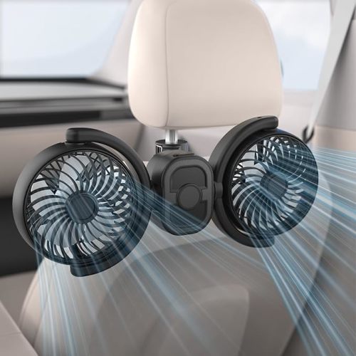 Rechargeable Dual-Head Fan for Car: USB Cooling Backseat Fans for Baby with 360° Rotatable 3-Speed Separate Control 5V 2A Auto Air Ventilation Cooler For Vehicle SUV RV Trunk (Black)