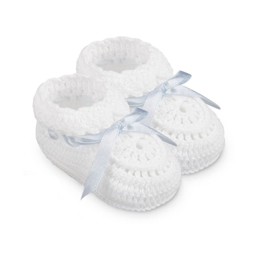 Hand Crochet Ribbon Booties - White with Blue