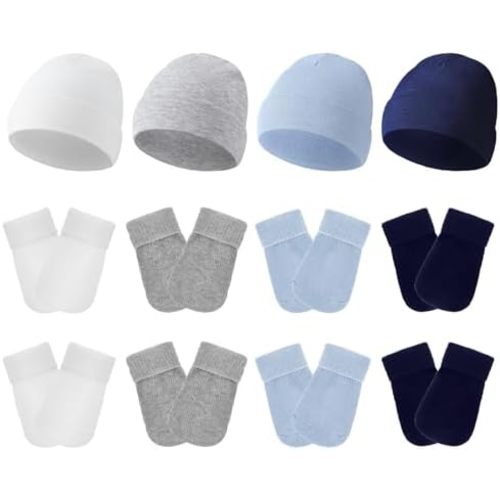 Hercicy 4 Pack Preemie Hat and Mitten Socks Set Cotton Preemie Beanie No Scratch Baby Mitten Nicu Hospital Hat for Boy Girl