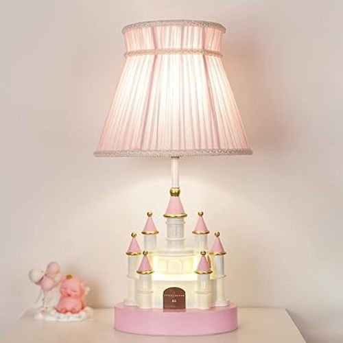 Cute Castle Kids Table Lamp Cartoon Resin Pink Bedside Lamp ,Modern Princess Castle Shape ,Ceramic Lamp Body with Fabric Lamp Shade,Nightstand Lamp for Bedrooms Nursery Living Room