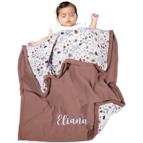 Personalized Baby Blanket with Name – Custom Knit Blanket, 27x40in Floral Embroidered Nursery Blanket for Girls – Customized Baby Blanket, Soft Newborn Gift & Custom Baby Gifts (Baby Brown)