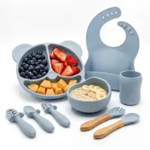 Bear Design Silicone Feeding Set (9PCS), Baby Plate & Snail Bowl & Bib & Training Spoons (3PCS) & Fork Spoon Set & Curvy Straw Cup, Baby Dinnerware Set, #SummerVibes - TikTok Shop