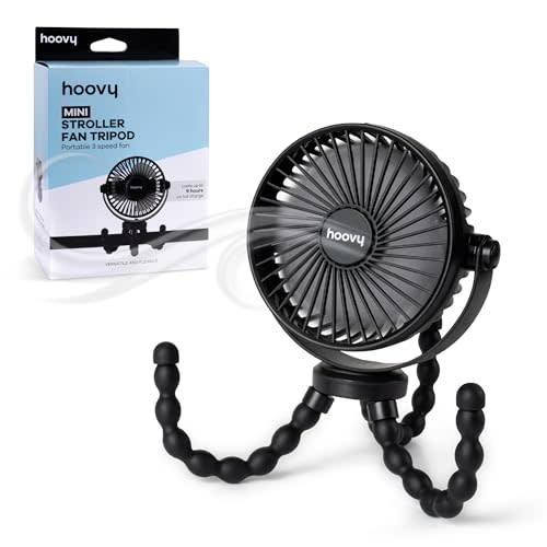 Hoovy Stroller Fan with Flexible Tripod Legs – Portable Rechargeable Baby Fan, 360° Rotating Clip-On Fan for Stroller, Car Seat & Crib, 3-Speed Adjustable Cooling – Black