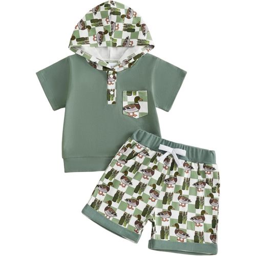 12-18M Green Duck Toddler Baby Boy Hooded Dinosaur Summer Outfit Funny T-Shirt Shorts Set Infant Dinosaur Clothes 6 12 18 Months 2T
