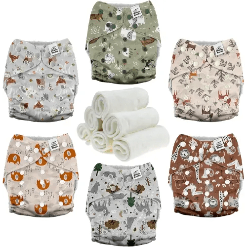 Mama Koala 3.0 Cloth Diapers for Babies with AWJ Lining, 6 Pack with 6 Natural Cloth Diaper Inserts - Reusable and Washable Pocket Diapers (Animals in The Forest)
