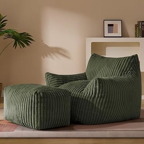 Gericco Oversized Bean Bag Chaise Lounge Chair Indoor for Adults with Armrests & Ottoman - Giant Comfy Green Beanbag Lazy Floor Sofa Cloud Accent Chair for Reading, Gaming, Cozy Plush Cloud Mini Couch